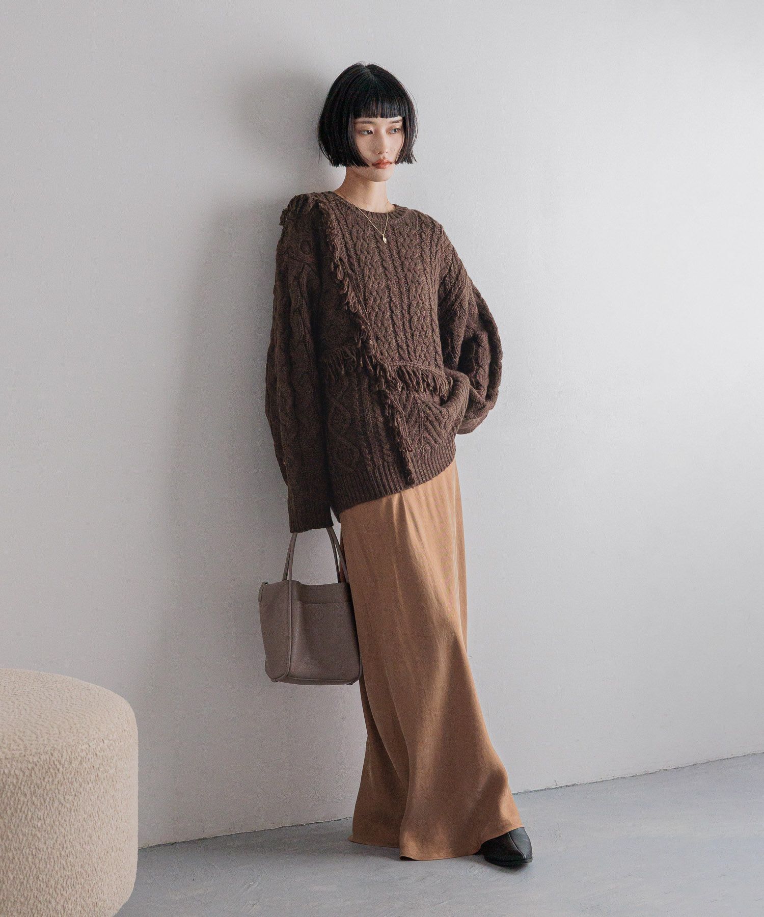 LOWRYS FARM「ケーブルフリンジLONG丈」|ニット・セーター|