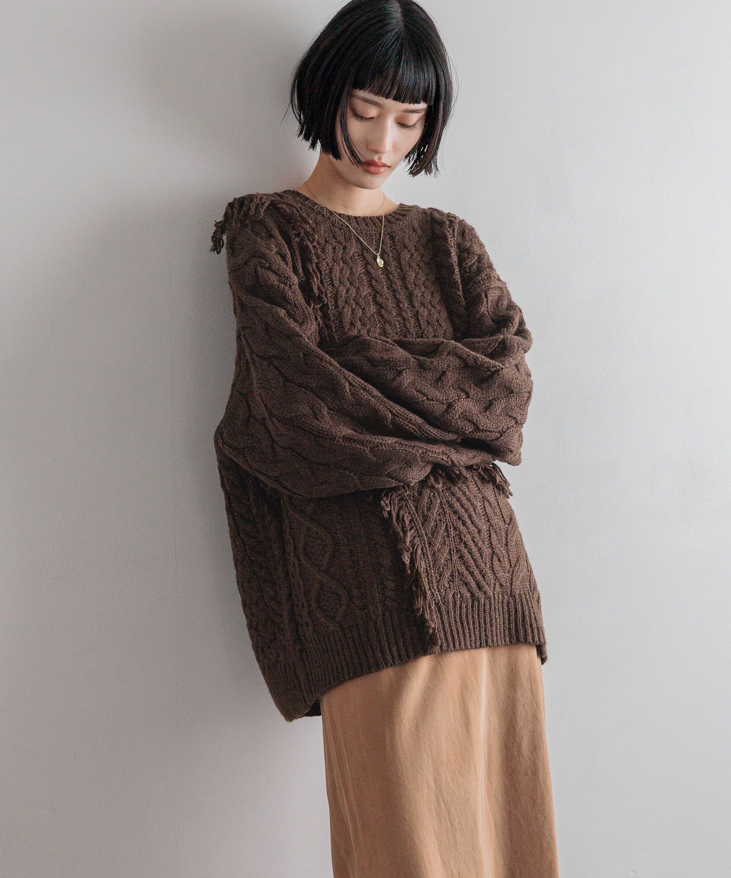 LOWRYS FARM「ケーブルフリンジLONG丈」|ニット・セーター|