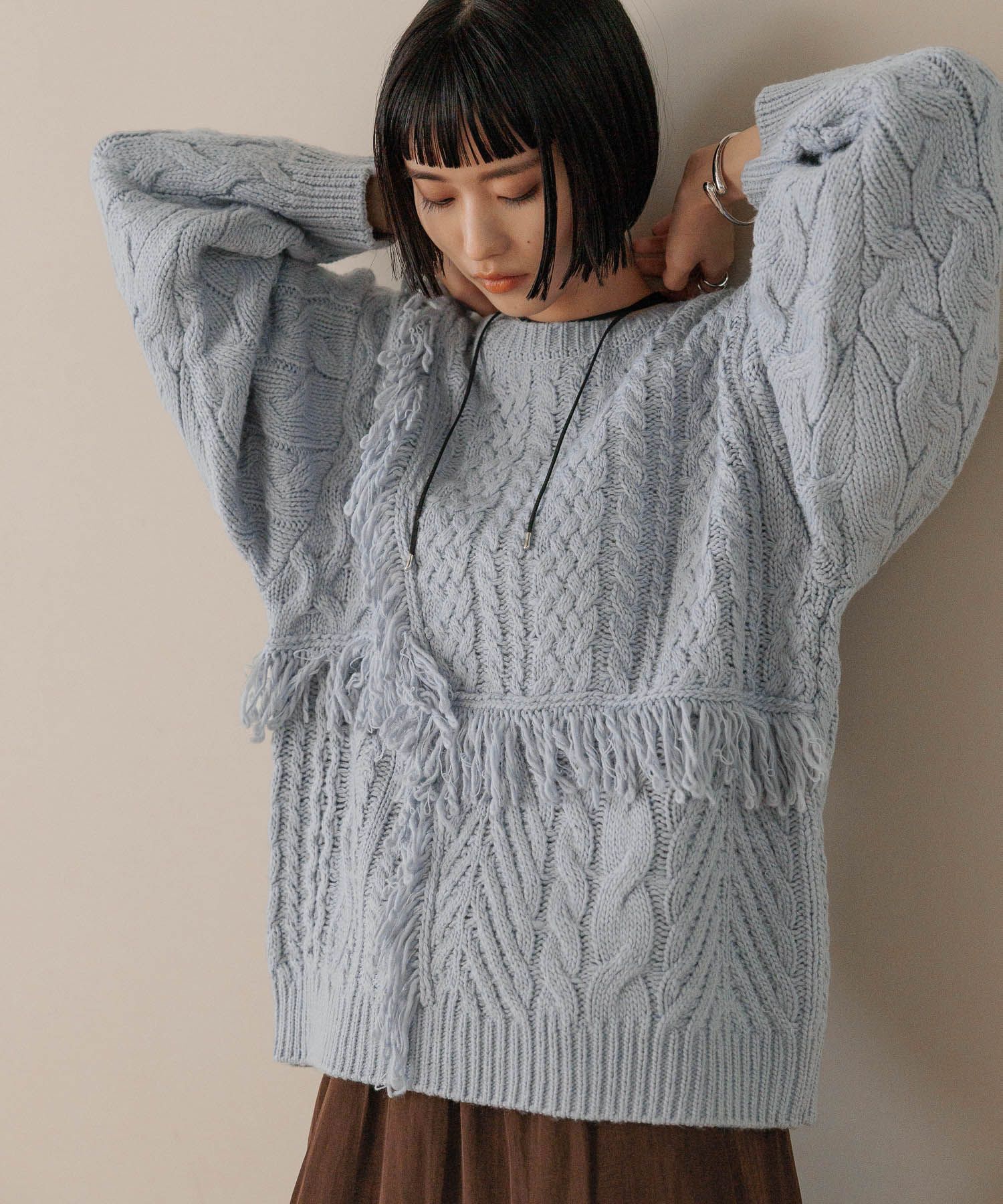 LOWRYS FARM「ケーブルフリンジLONG丈」|ニット・セーター|