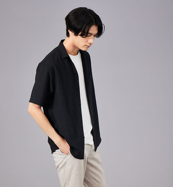 ABAHOUSE「Vネック スキッパー リネンライク 半袖 シャツ」|シャツ・ブラウス|ブラック