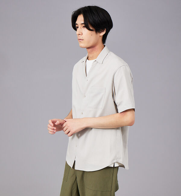 ABAHOUSE「Vネック スキッパー リネンライク 半袖 シャツ」|シャツ・ブラウス|グレージュ