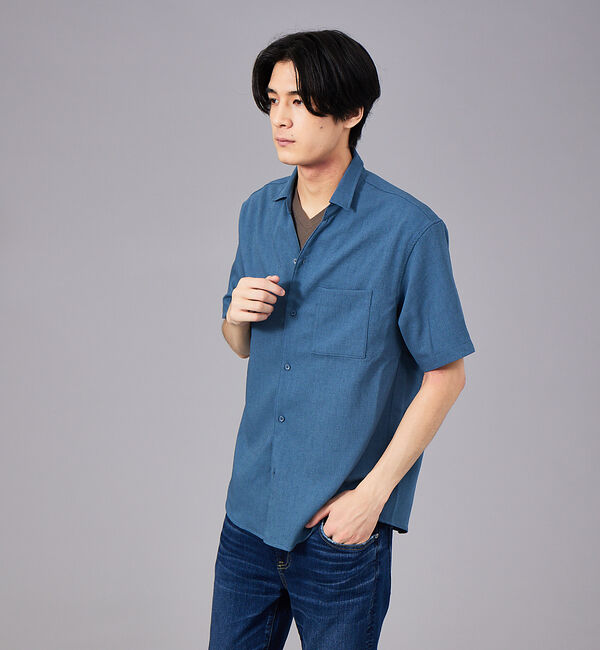 ABAHOUSE「Vネック スキッパー リネンライク 半袖 シャツ」|シャツ・ブラウス|ビリジアン