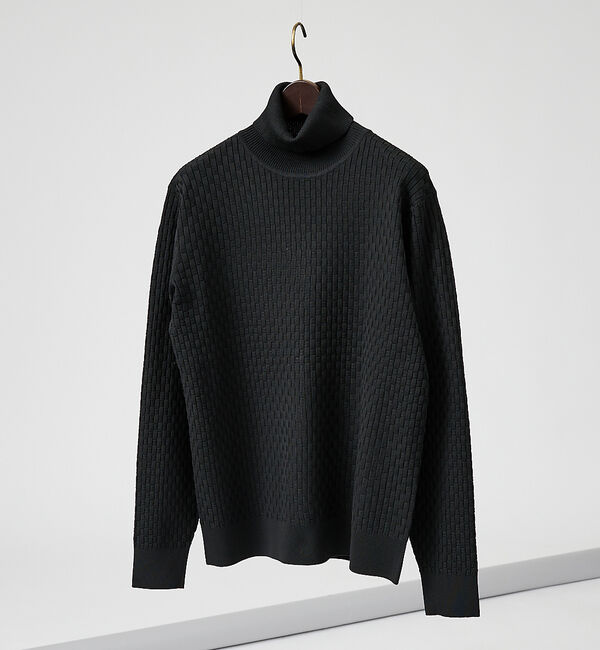 ABAHOUSE「【ハイストレッチ】ブロックチェック ジャガード タートルネック ニット」|ニット・セーター|ブラック