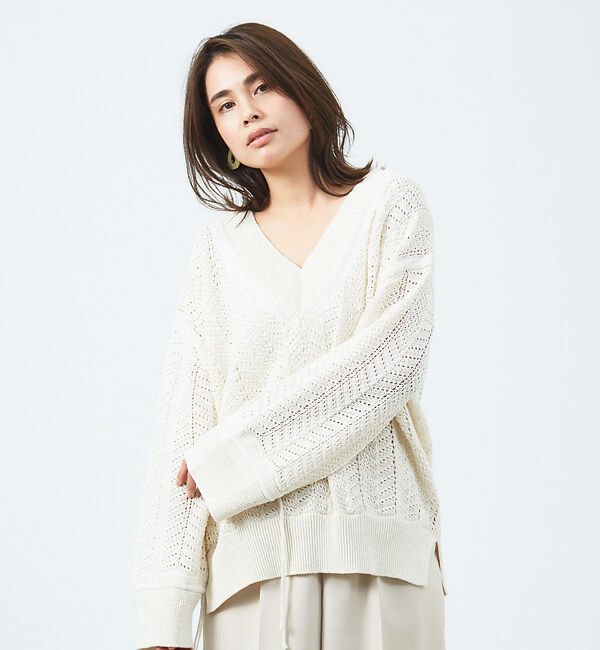 qualite「変形スリーブヘリンボーンニット」|ニット・セーター|オフホワイト