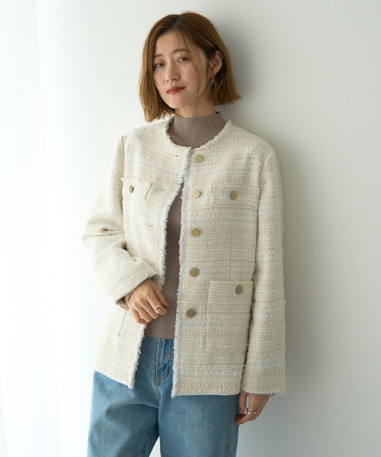 YECCA VECCA「ノーカラーツイードジャケット」|テーラードジャケット|
