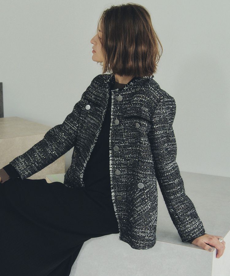 YECCA VECCA「ノーカラーツイードジャケット」|テーラードジャケット|