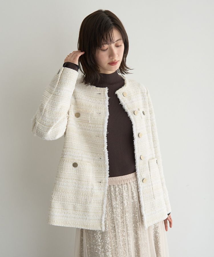 YECCA VECCA「ノーカラーツイードジャケット」|テーラードジャケット|