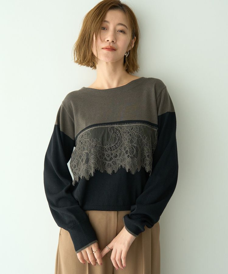 YECCA VECCA「バイカラーレースニット」|ニット・セーター|Charcoal Gray