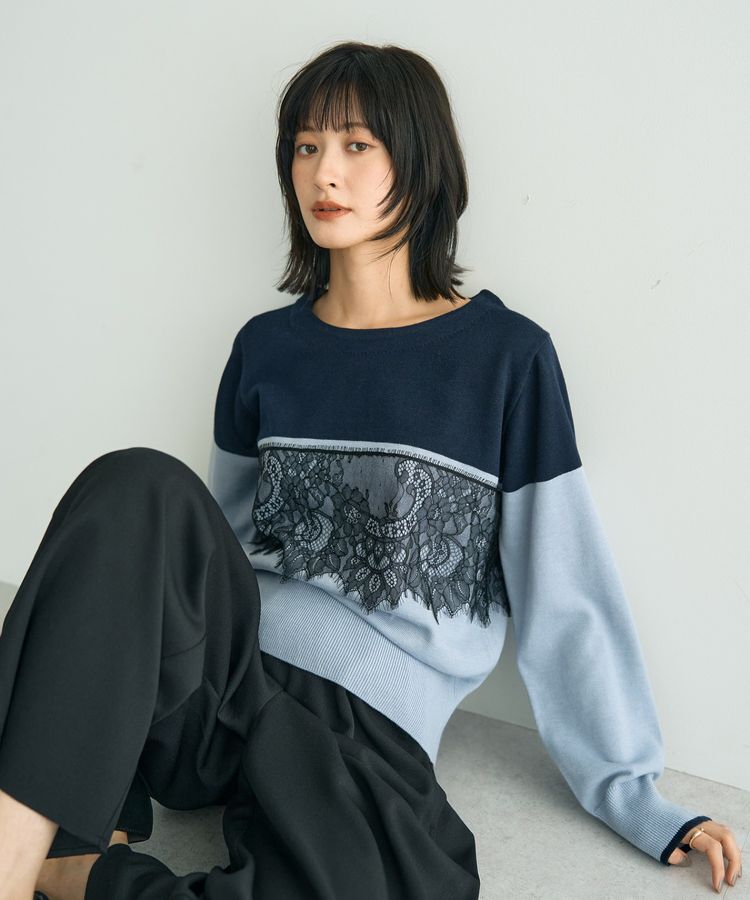 YECCA VECCA「バイカラーレースニット」|ニット・セーター|Light Blue