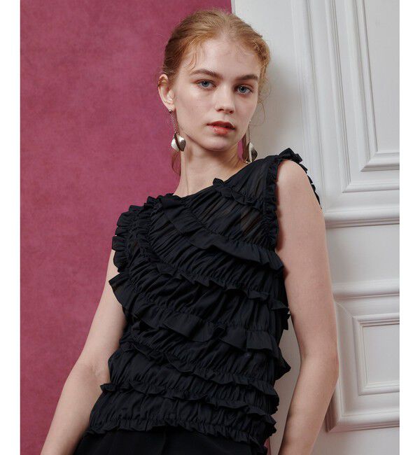 LOULOU WILLOUGHBY「【LOULOU WILLOUGHBY】オーガンジートリコットギャザープルオーバー」|Tシャツ・カットソー|ブラック