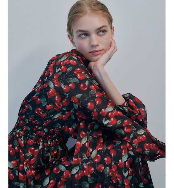 LOULOU WILLOUGHBY「【LOULOU WILLOUGHBY】LISAチェリープリント リボンワンピース」|ワンピース|ブラック