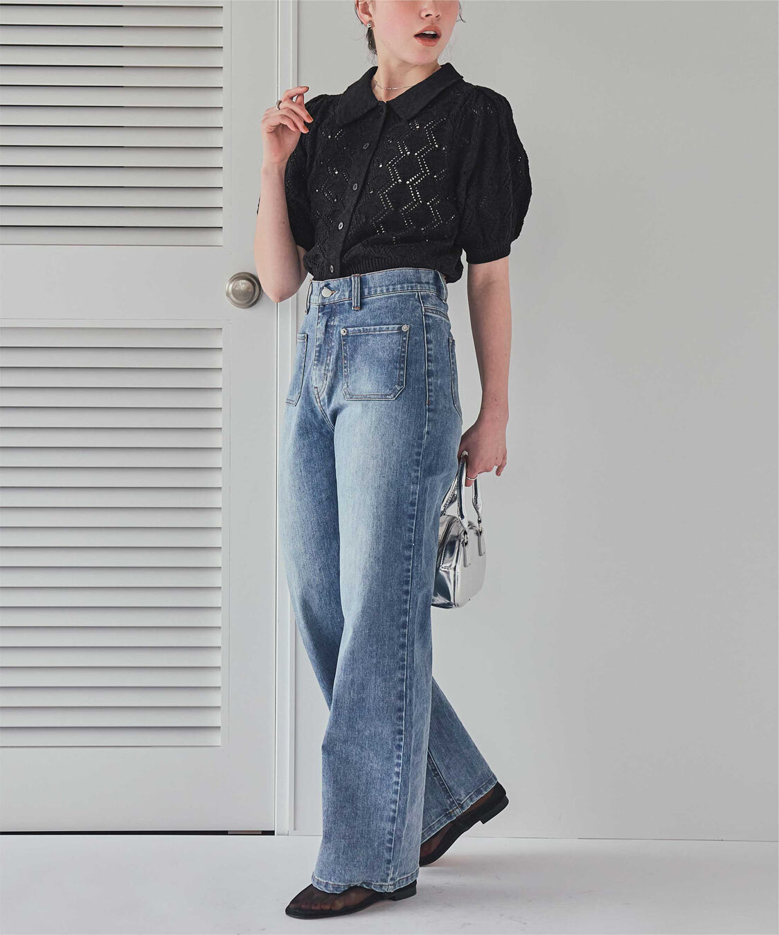 titivate「【いつきさんコラボアイテム】透かし編みパフスリーブニットトップス」|ニット・セーター|