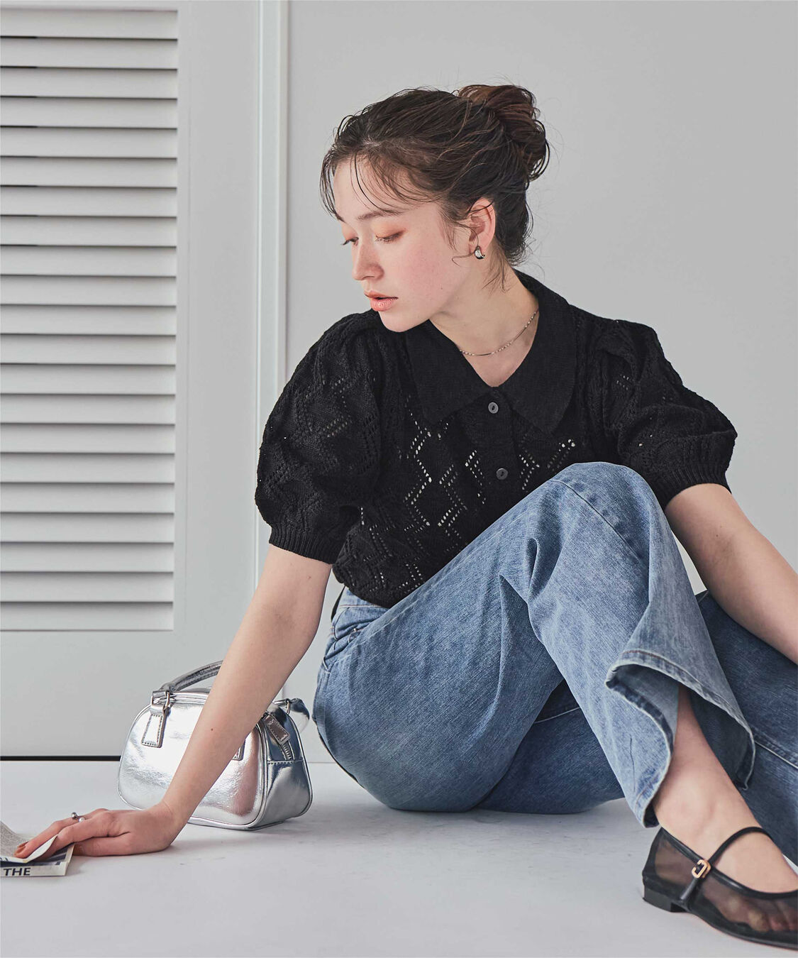 titivate「【いつきさんコラボアイテム】透かし編みパフスリーブニットトップス」|ニット・セーター|