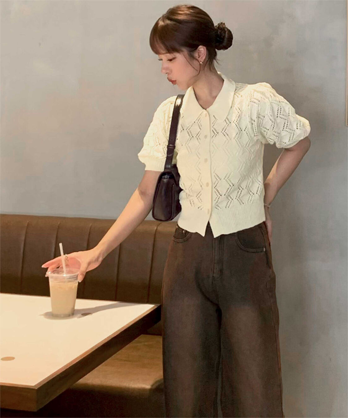 titivate「【いつきさんコラボアイテム】透かし編みパフスリーブニットトップス」|ニット・セーター|