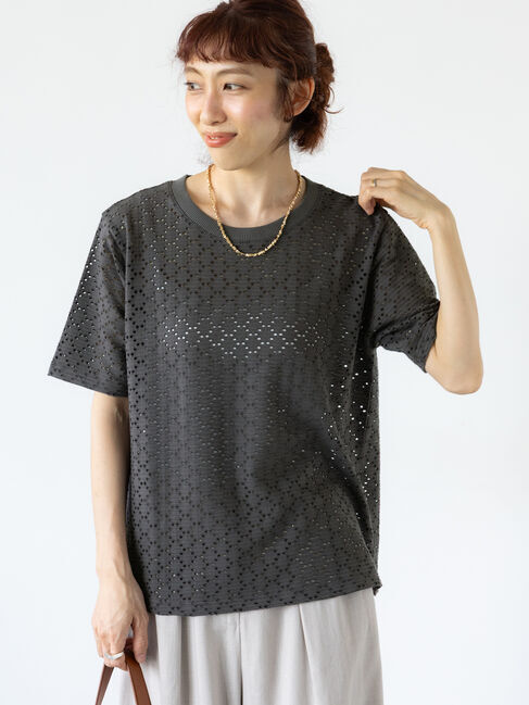 Lugnoncure「カットレースハーフスリーブトップス」|その他|チャコールグレー