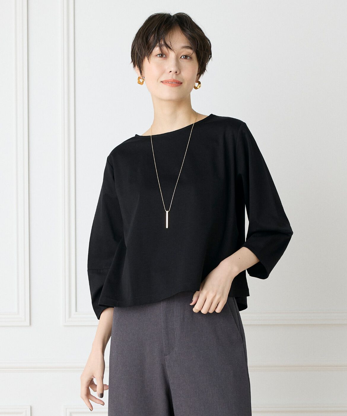 7-IDconcept.「《大きいサイズ》スーピマコットンボリューム袖カットソー」|Tシャツ・カットソー|ブラック