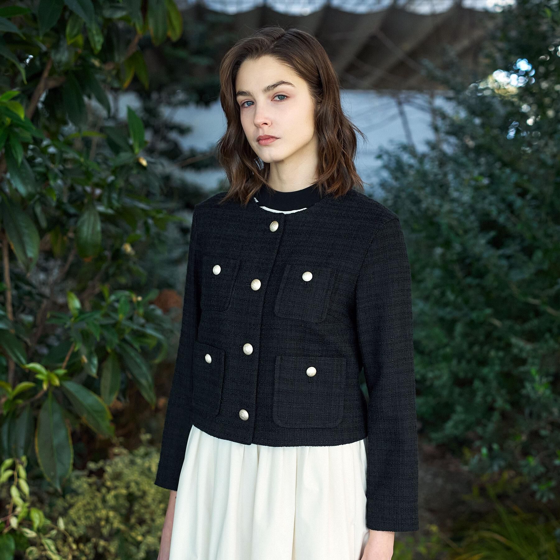 DRESSTERIOR「ブラックファンシーツイードジャケット」|ノーカラージャケット|