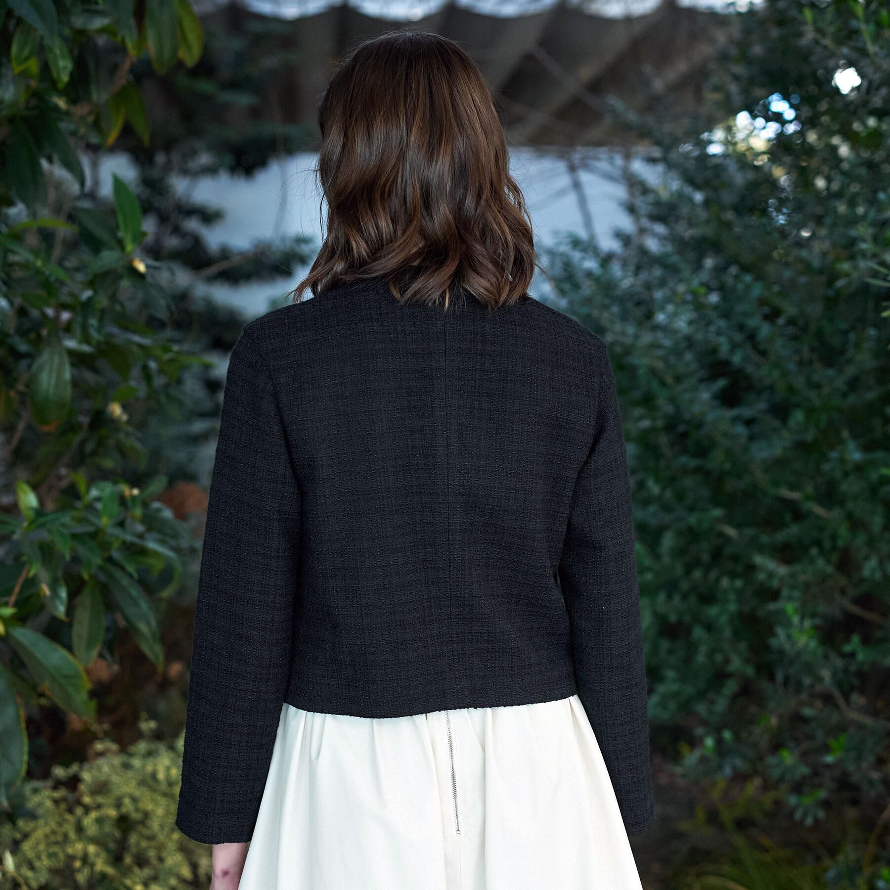 DRESSTERIOR「ブラックファンシーツイードジャケット」|ノーカラージャケット|