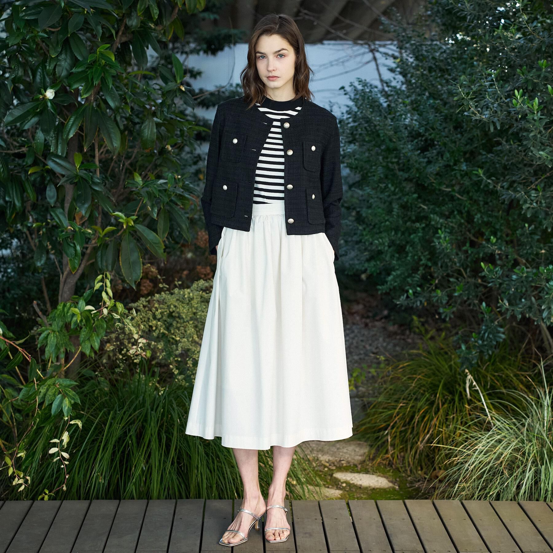 DRESSTERIOR「ブラックファンシーツイードジャケット」|ノーカラージャケット|