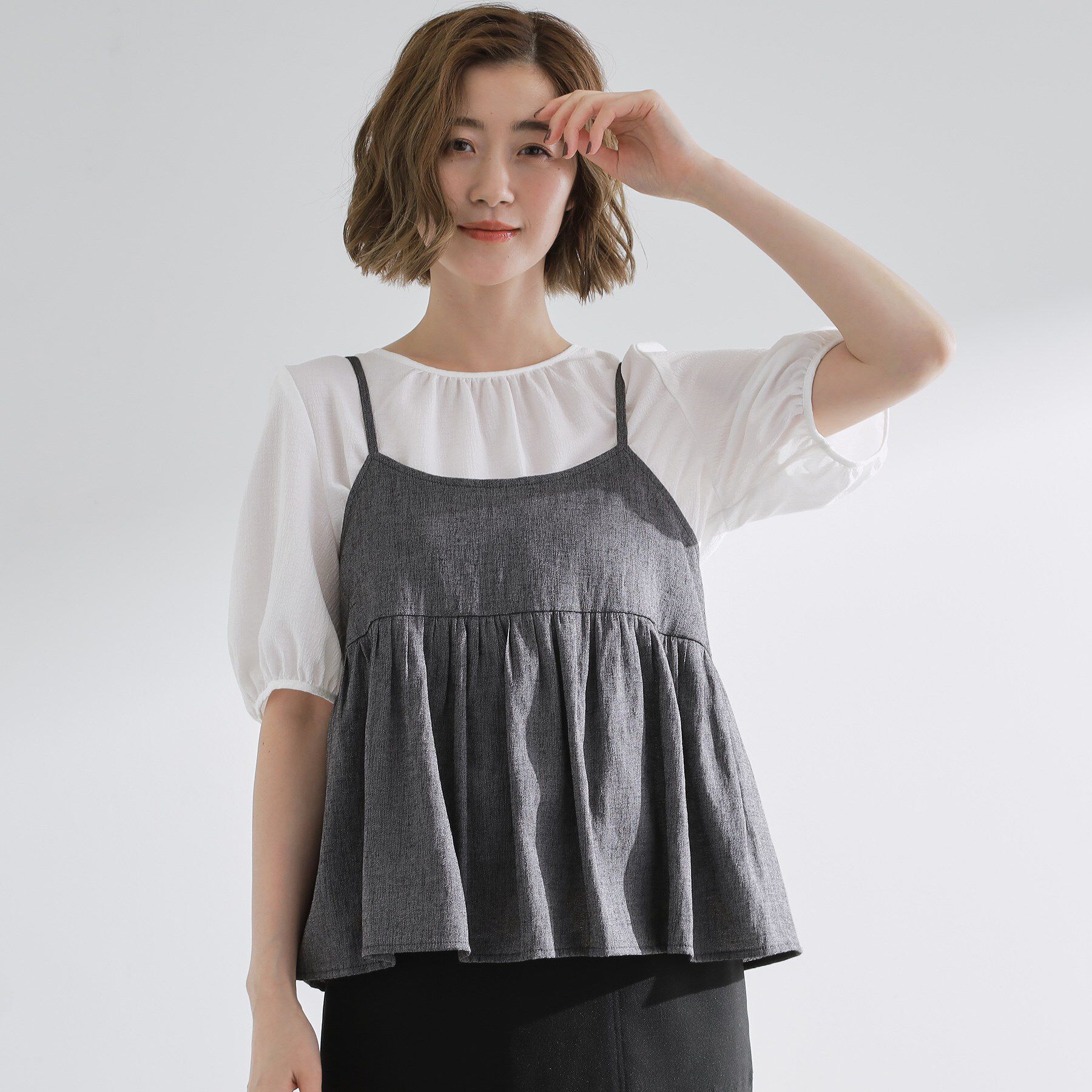 grove「【2点SET/お洒落見え/体型カバー】ツイード調キャミ&times;ブラウスセット」|シャツ・ブラウス|グレー(012)