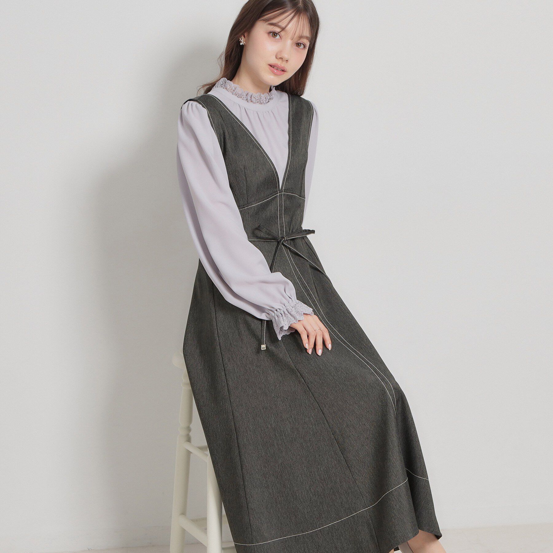 Couture broach「【洗える】デニムライク細リボンジャンスカ」|ワンピース|ブラック(019)