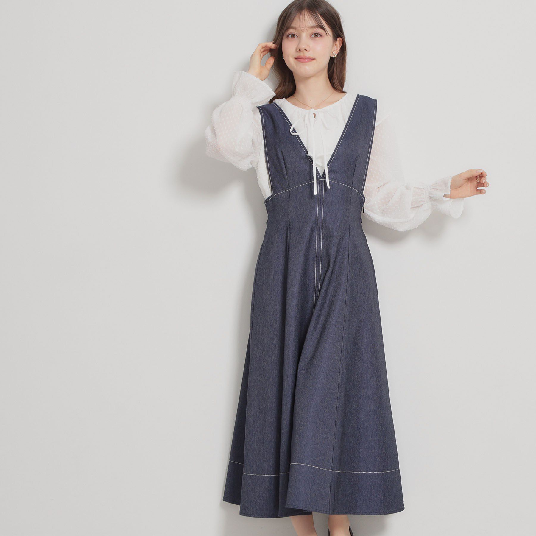 Couture broach「【洗える】デニムライク細リボンジャンスカ」|ワンピース|