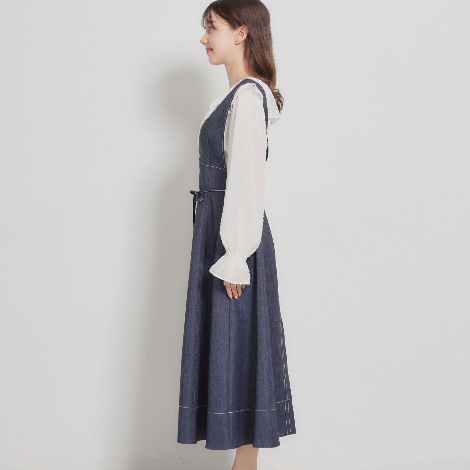 Couture broach「【洗える】デニムライク細リボンジャンスカ」|ワンピース|