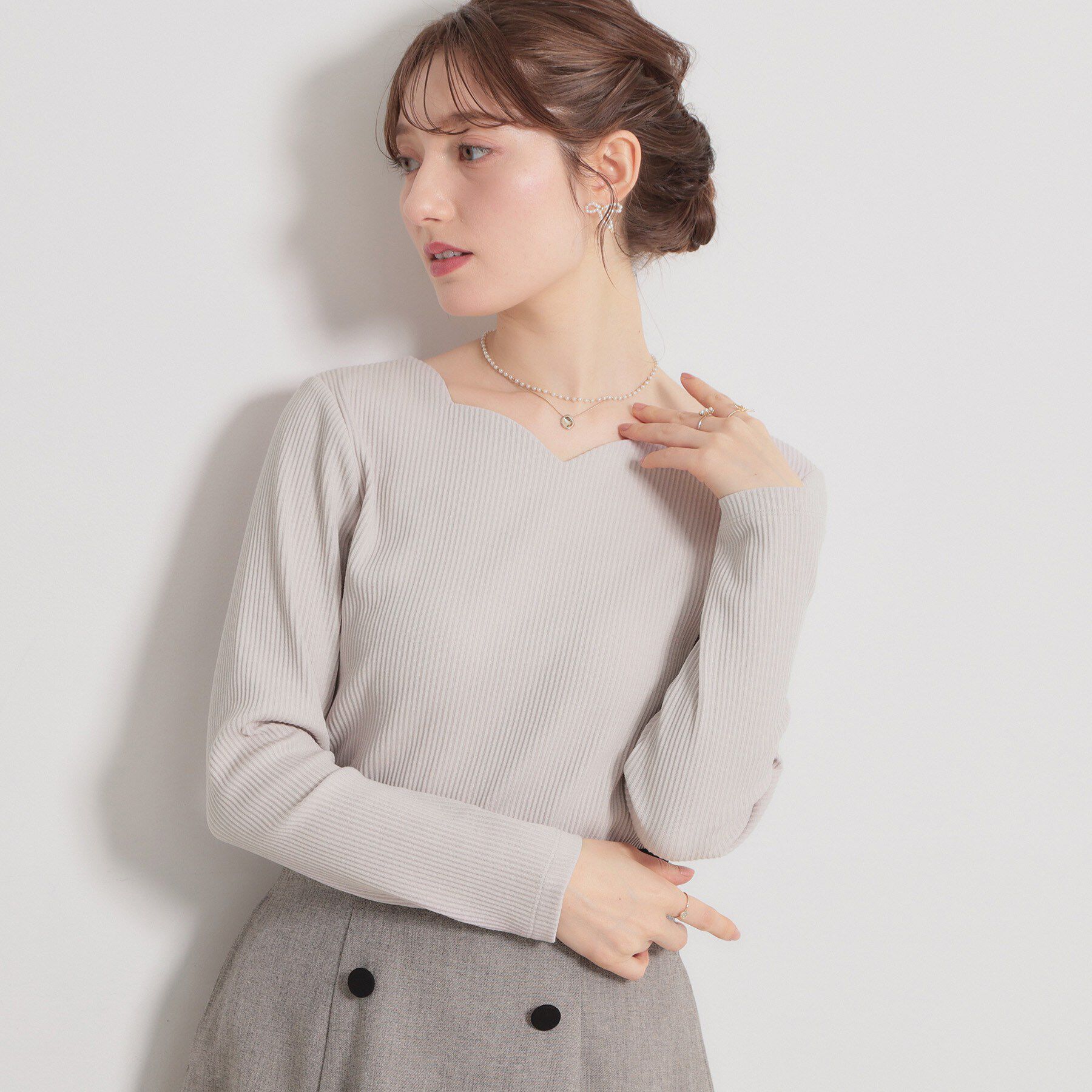 Couture broach「【洗える】ハートネック テレコプルオーバー」|Tシャツ・カットソー|ピンクベージュ(05