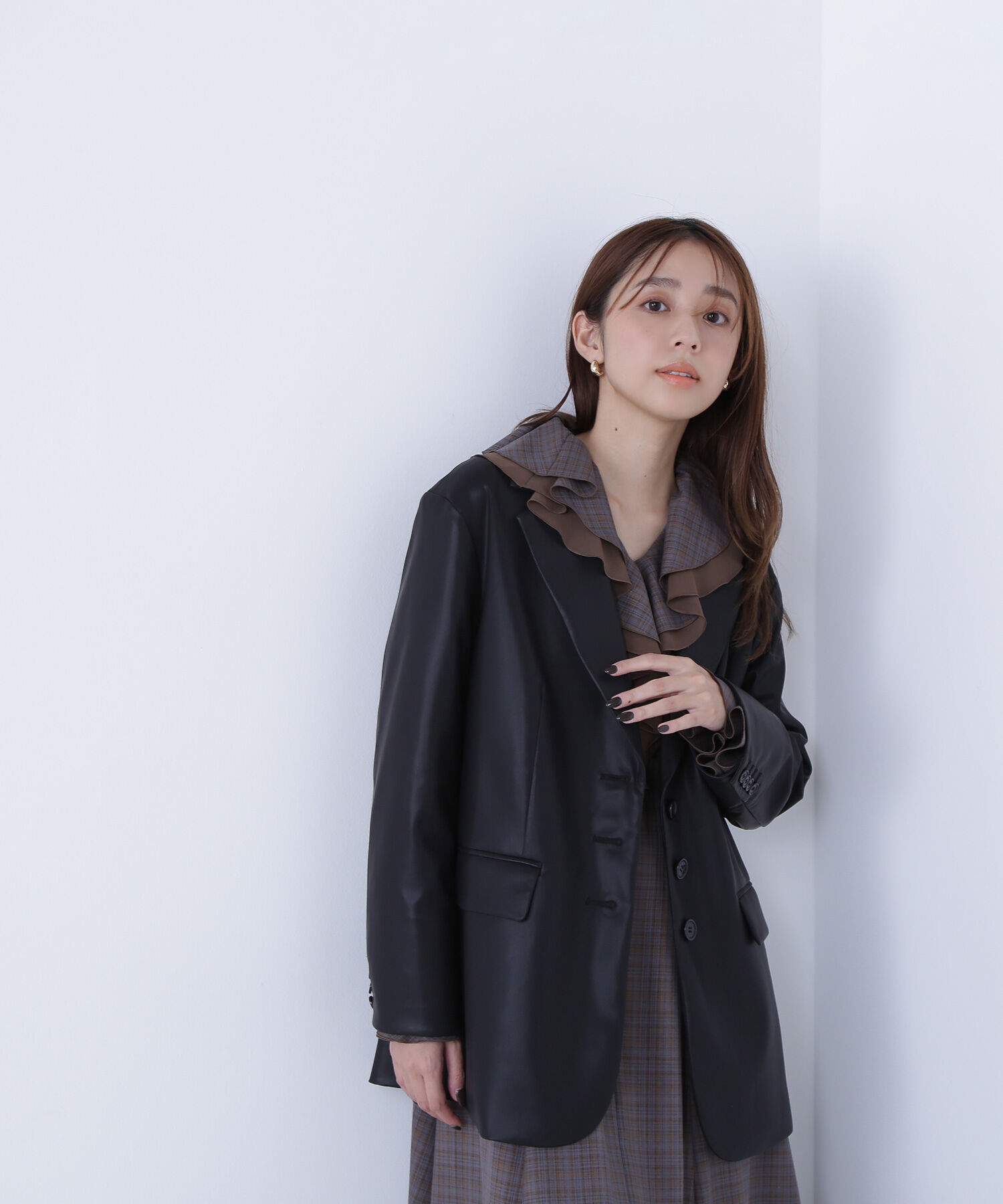  「フェイクレザーシングルテーラードジャケット」|ブルゾン・スタジャン|ブラック