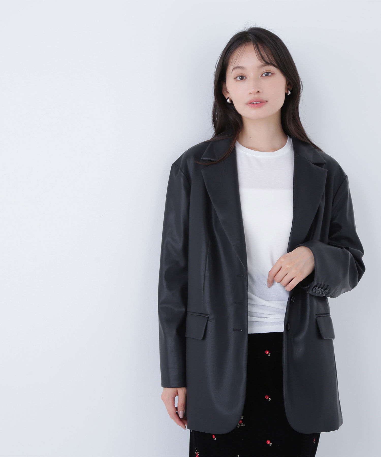  「フェイクレザーシングルテーラードジャケット」|ブルゾン・スタジャン|