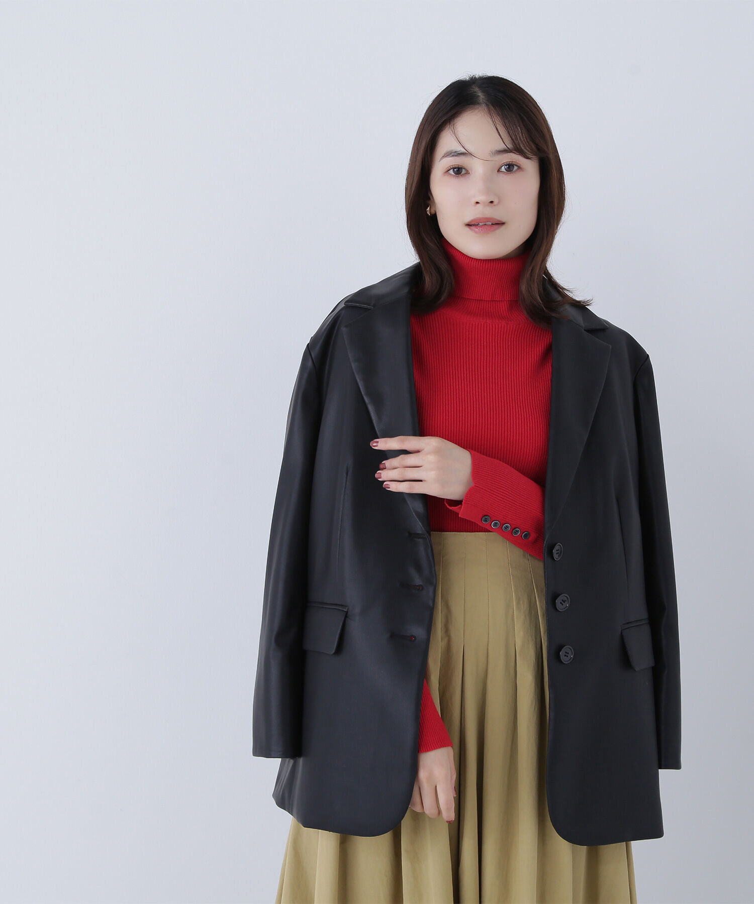  「フェイクレザーシングルテーラードジャケット」|ブルゾン・スタジャン|