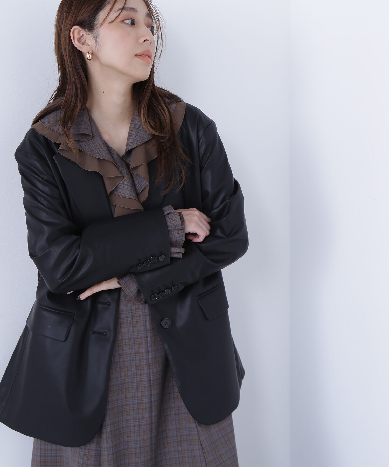  「フェイクレザーシングルテーラードジャケット」|ブルゾン・スタジャン|