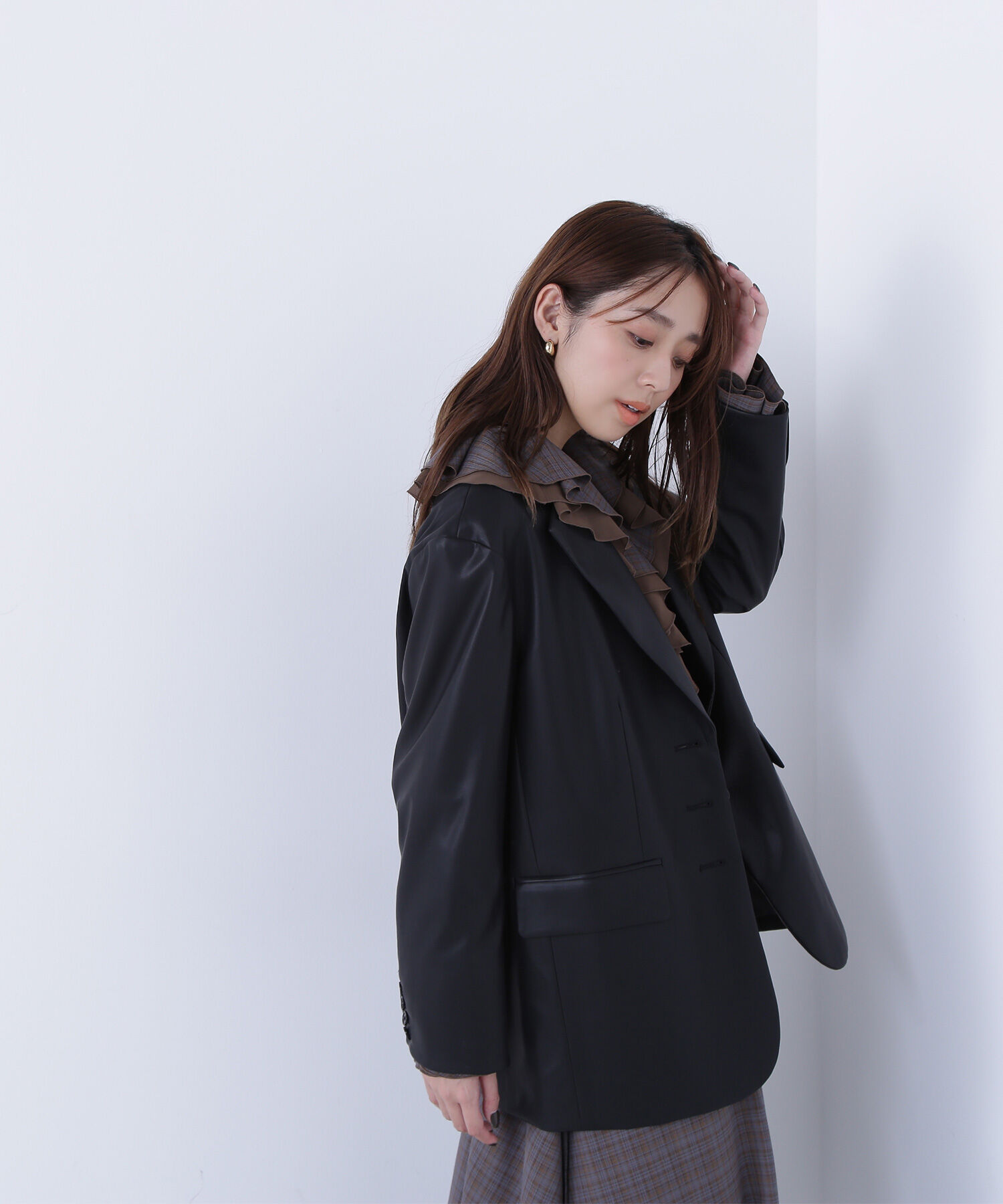  「フェイクレザーシングルテーラードジャケット」|ブルゾン・スタジャン|