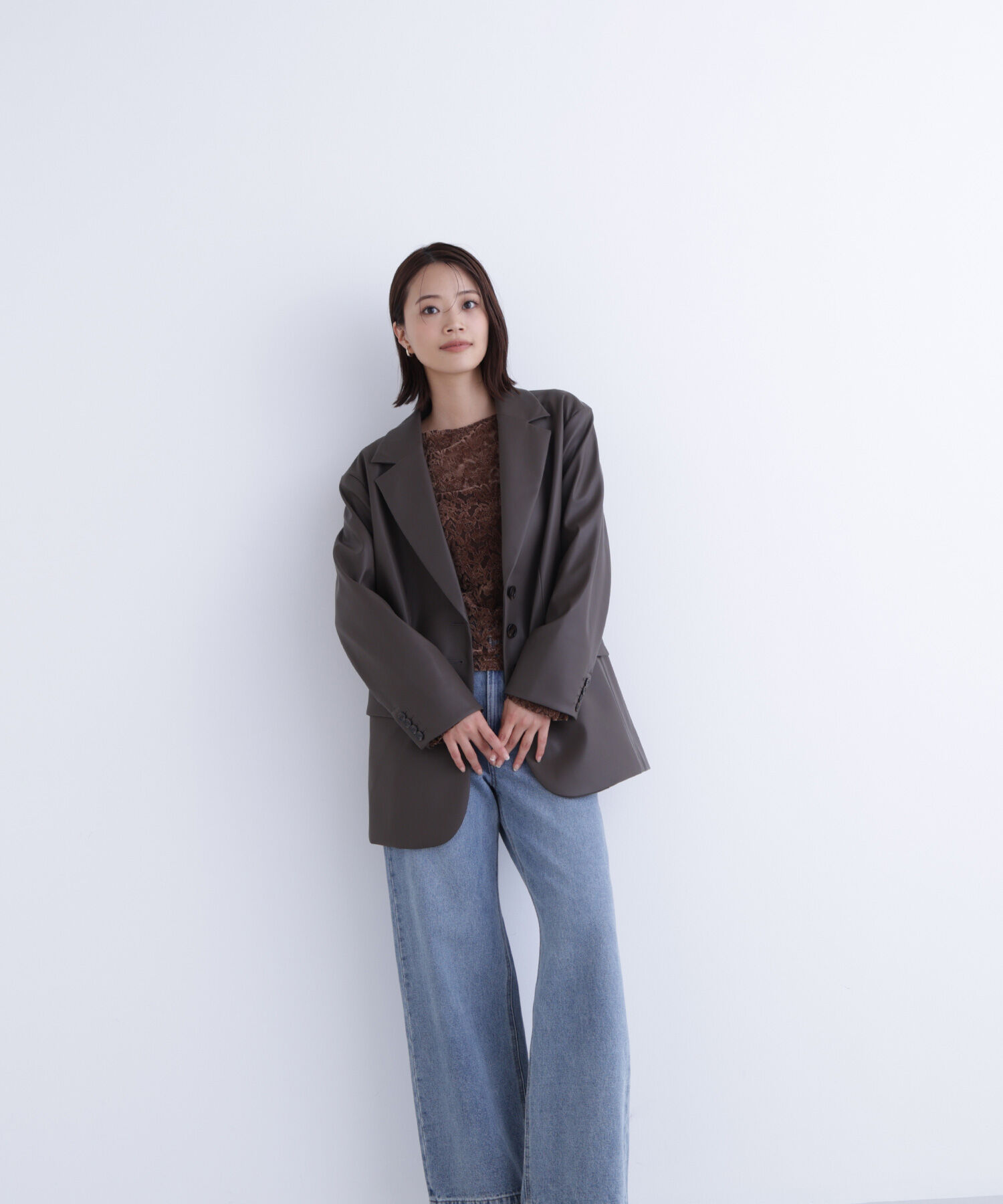  「フェイクレザーシングルテーラードジャケット」|ブルゾン・スタジャン|