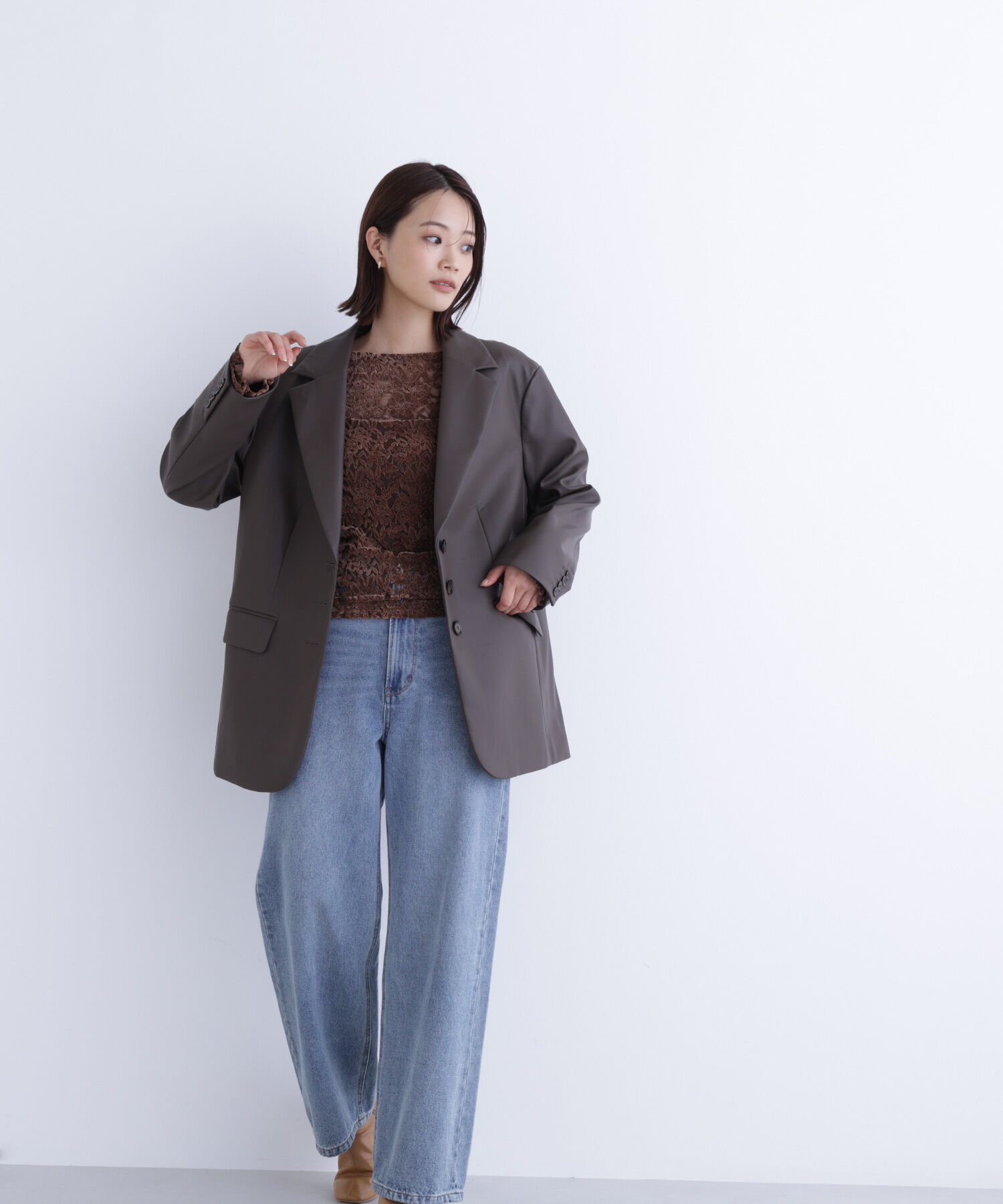  「フェイクレザーシングルテーラードジャケット」|ブルゾン・スタジャン|