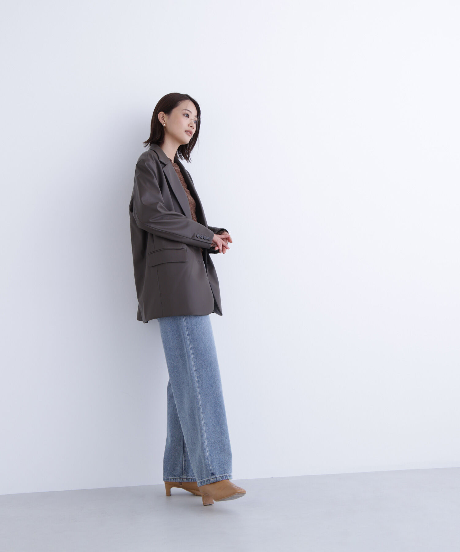  「フェイクレザーシングルテーラードジャケット」|ブルゾン・スタジャン|