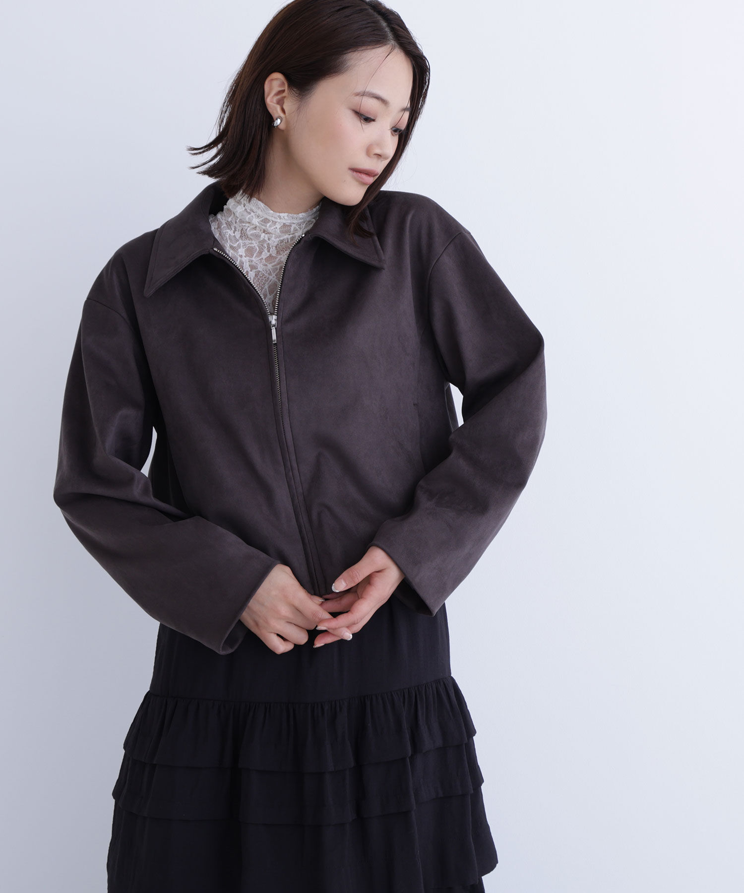  「ステンカラーフェイクスエードブルゾン」|ブルゾン・スタジャン|チャコール1