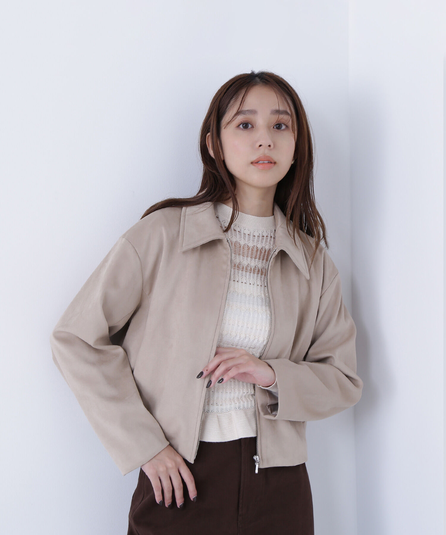  「ステンカラーフェイクスエードブルゾン」|ブルゾン・スタジャン|ベージュ