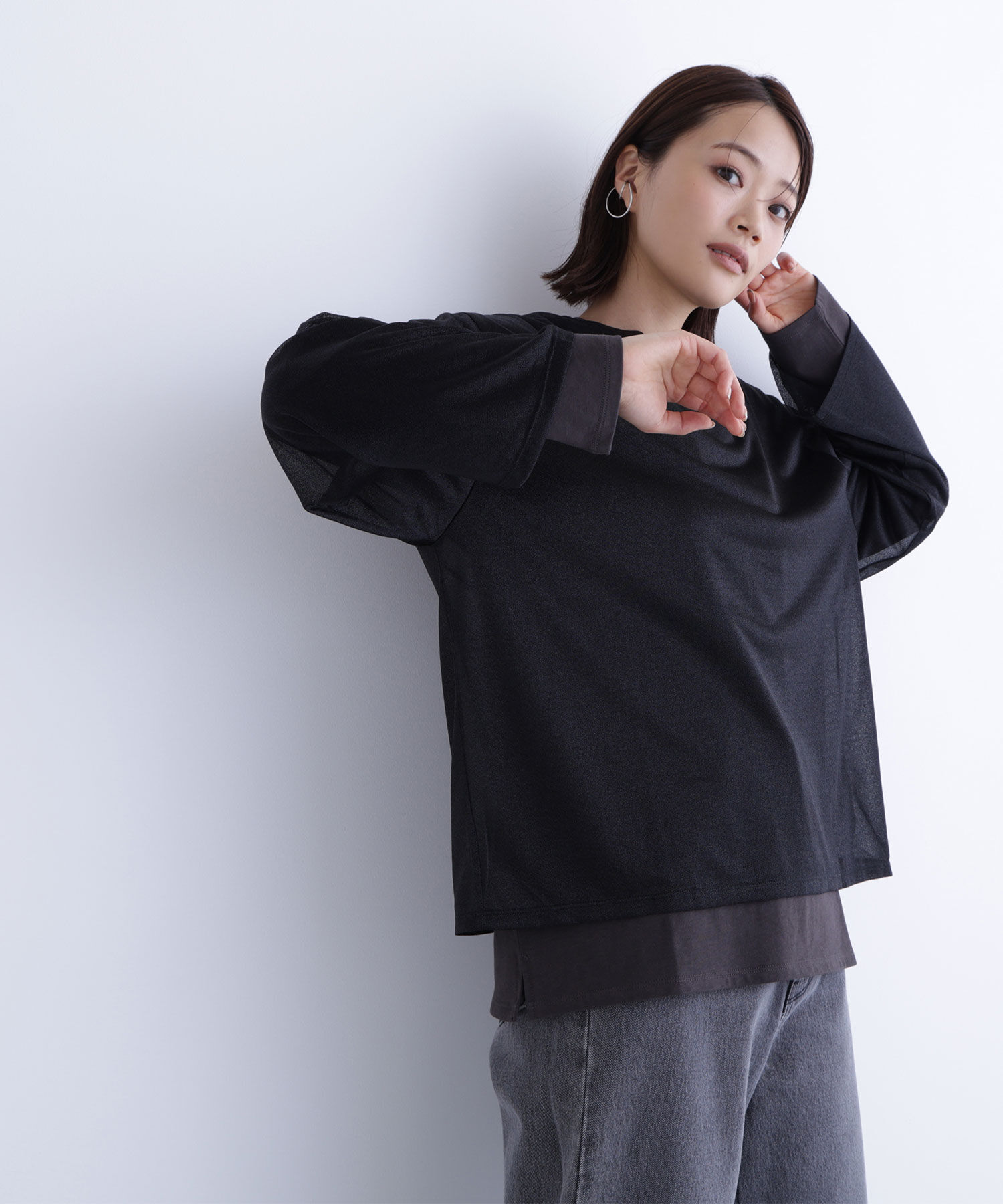  「シアーレイヤードカットソー」|Tシャツ・カットソー|ブラック&times;チ  2