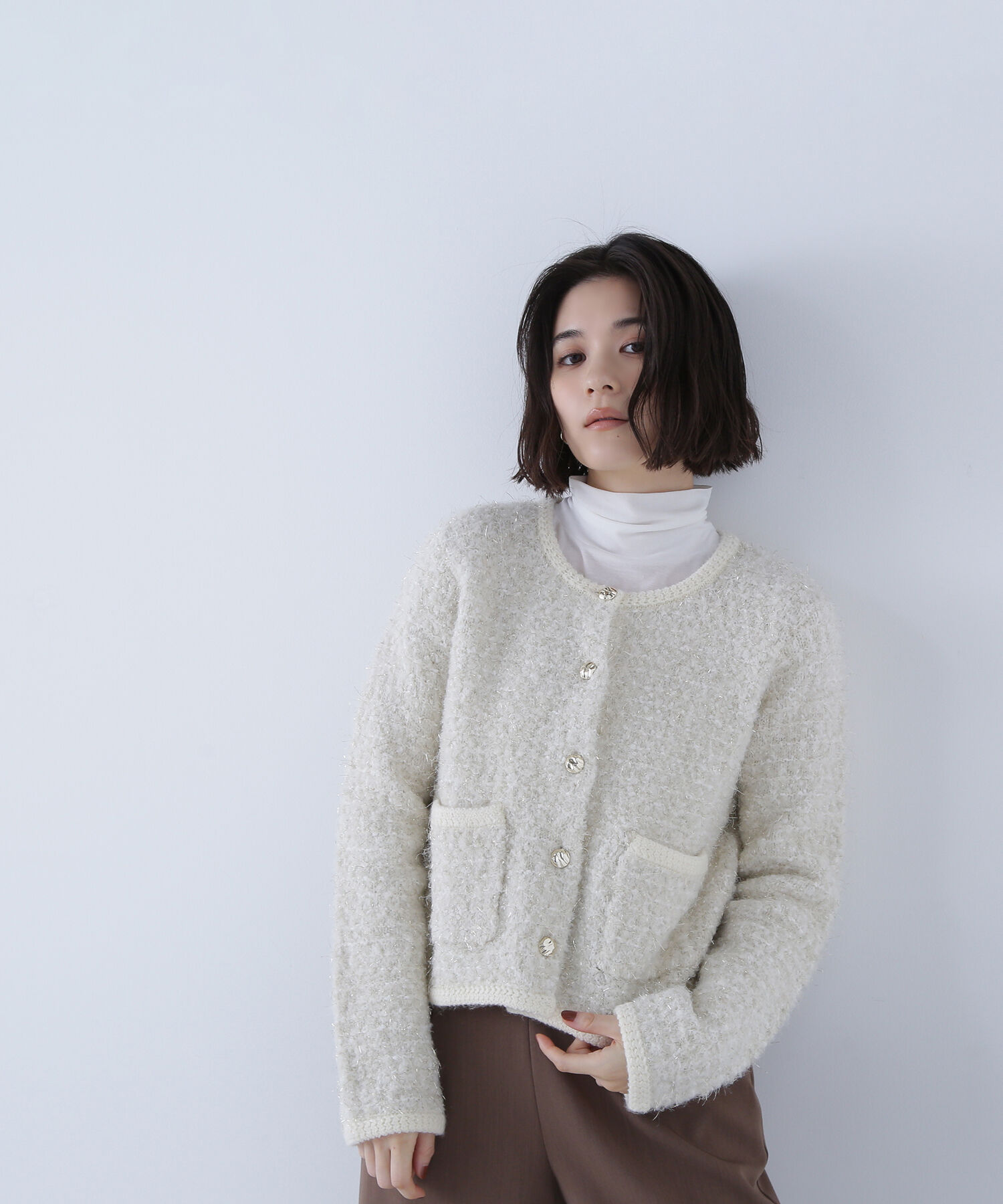  「ラメツイードニットジャケット」|ニット・セーター|オフホワイト1