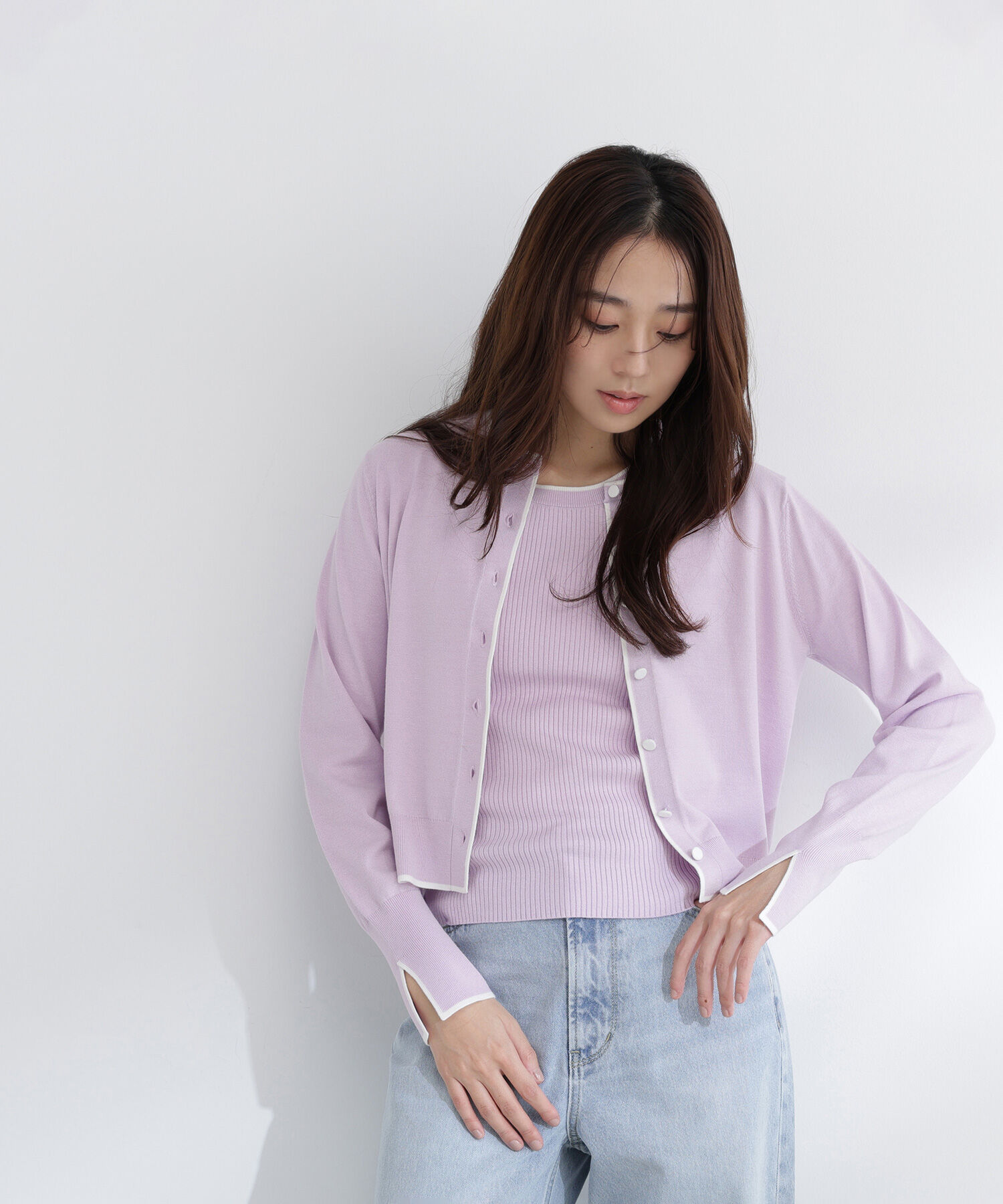  「クルミボタンバイカラーアンサンブル」|ニット・セーター|