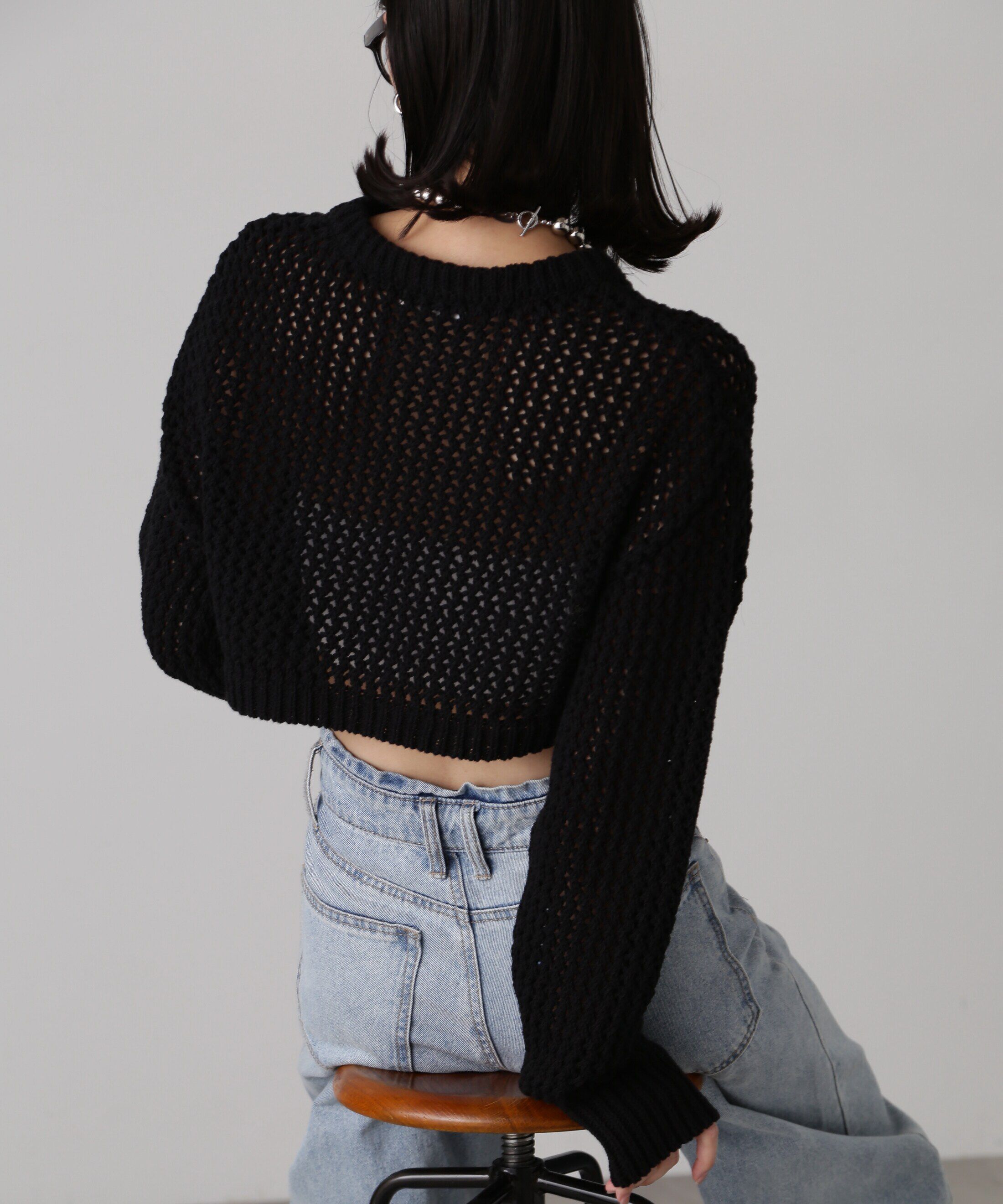  「ショート丈メッシュニットプルオーバー」|ニット・セーター|