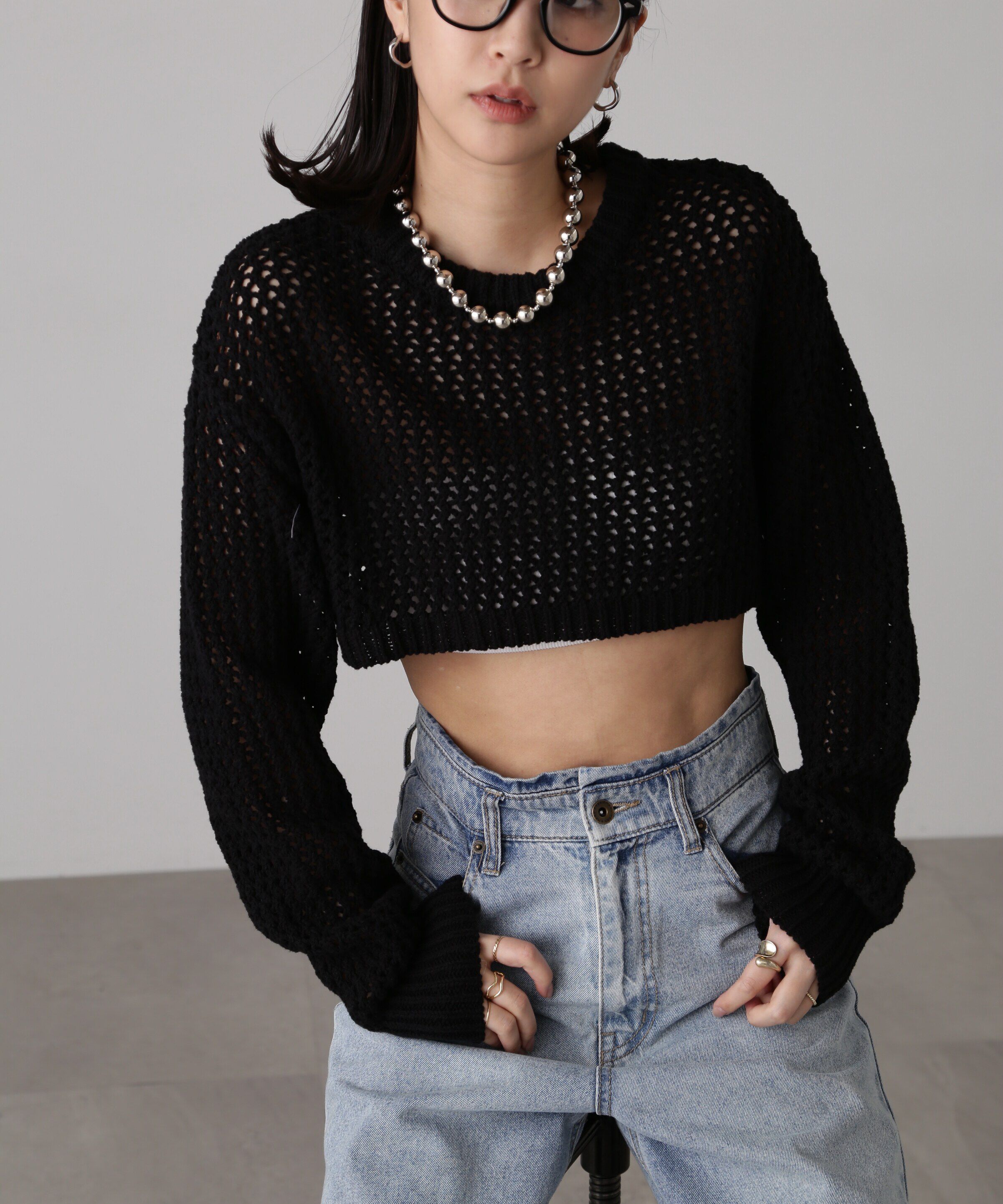  「ショート丈メッシュニットプルオーバー」|ニット・セーター|