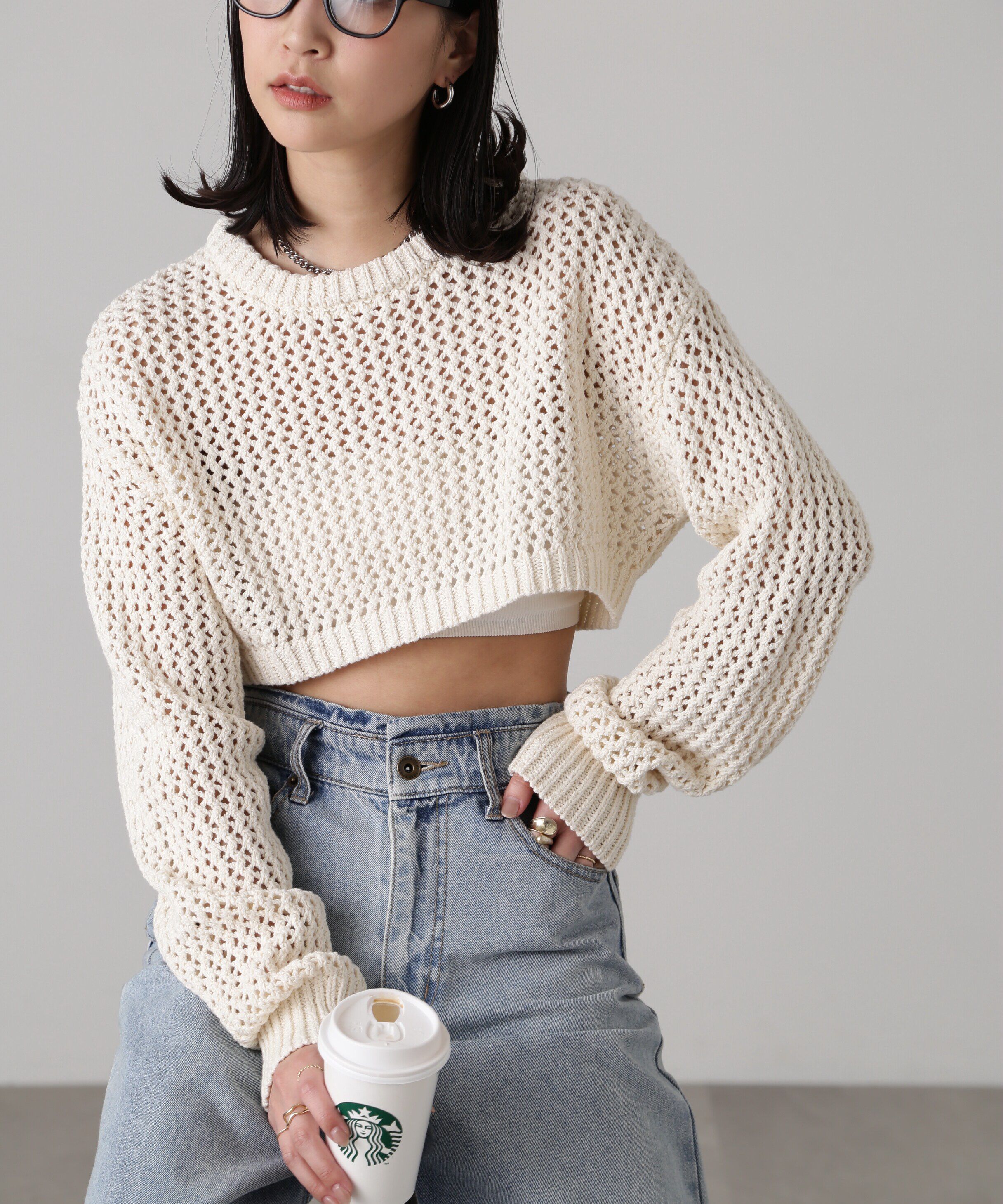  「ショート丈メッシュニットプルオーバー」|ニット・セーター|