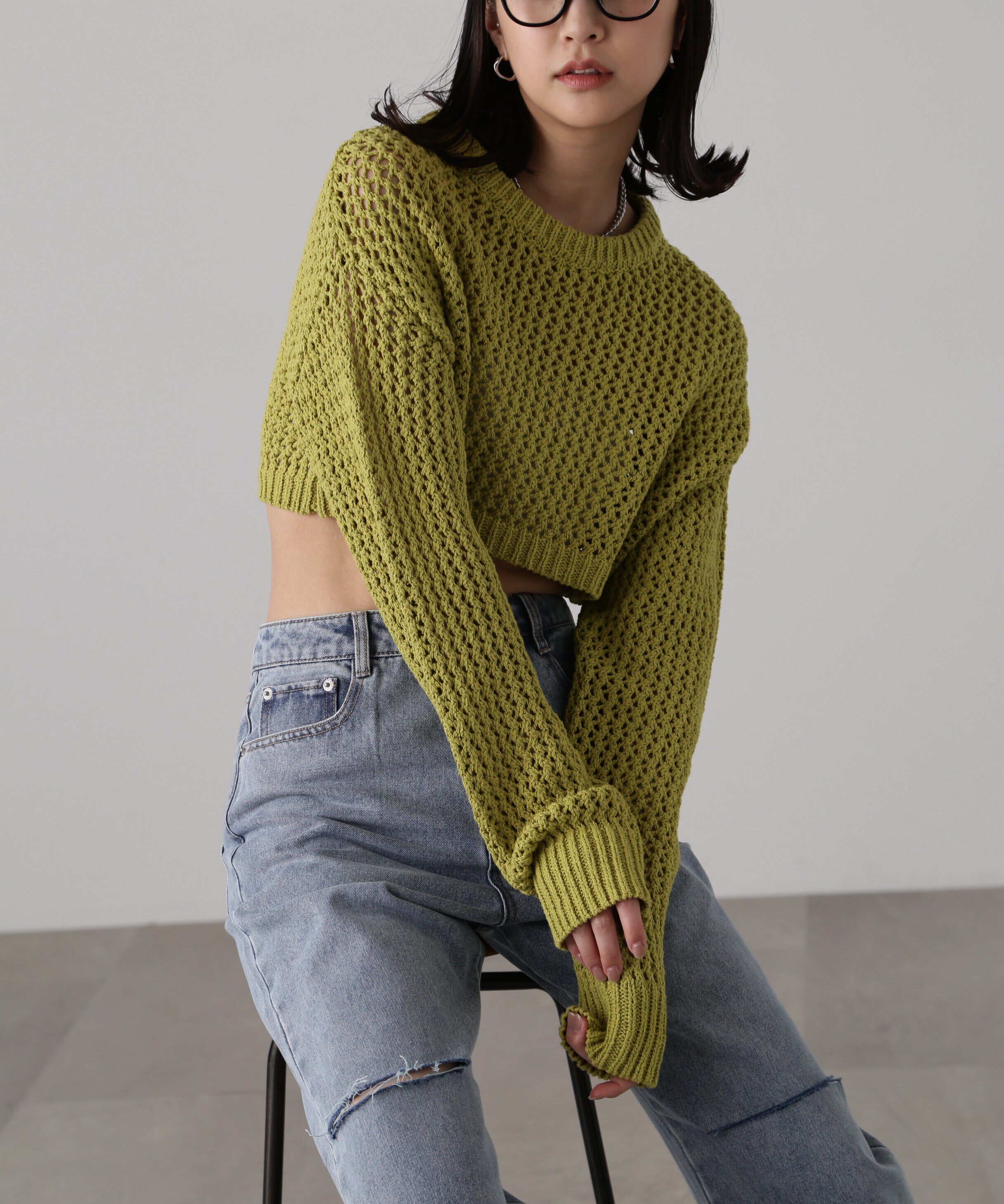  「ショート丈メッシュニットプルオーバー」|ニット・セーター|ライトグリー