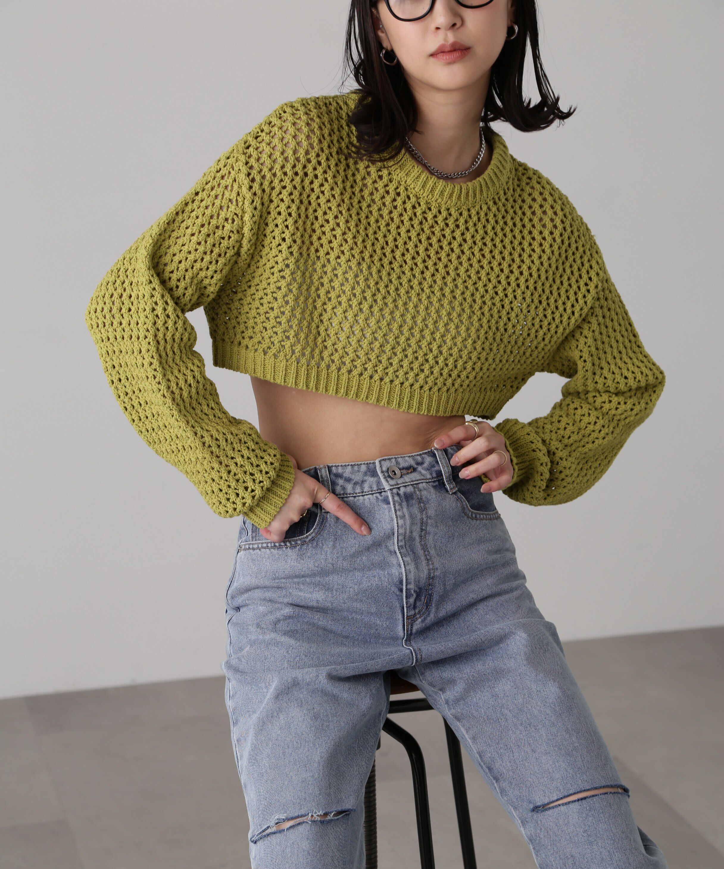  「ショート丈メッシュニットプルオーバー」|ニット・セーター|