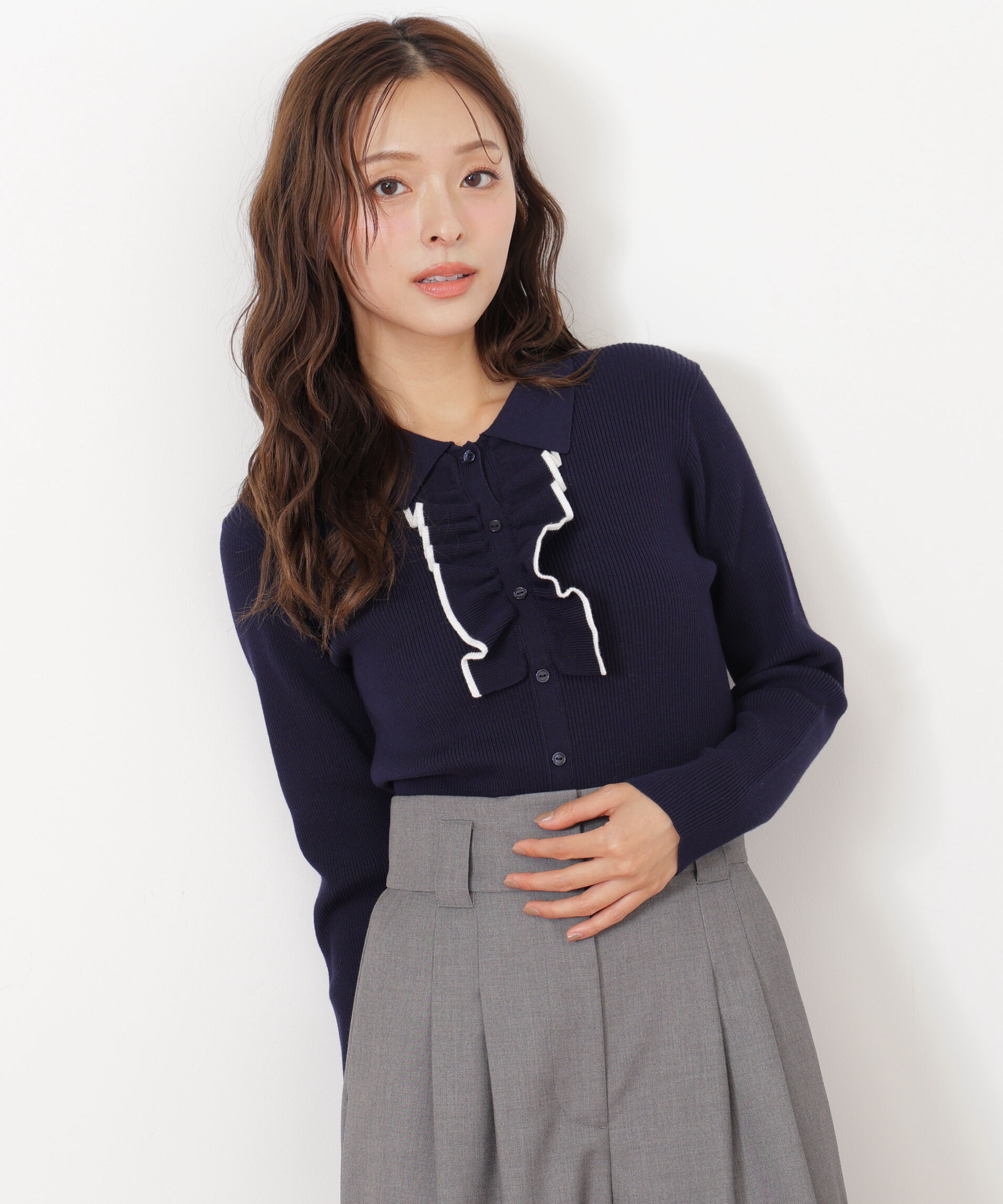  「フロントフリルニット」|ニット・セーター|ネイビー