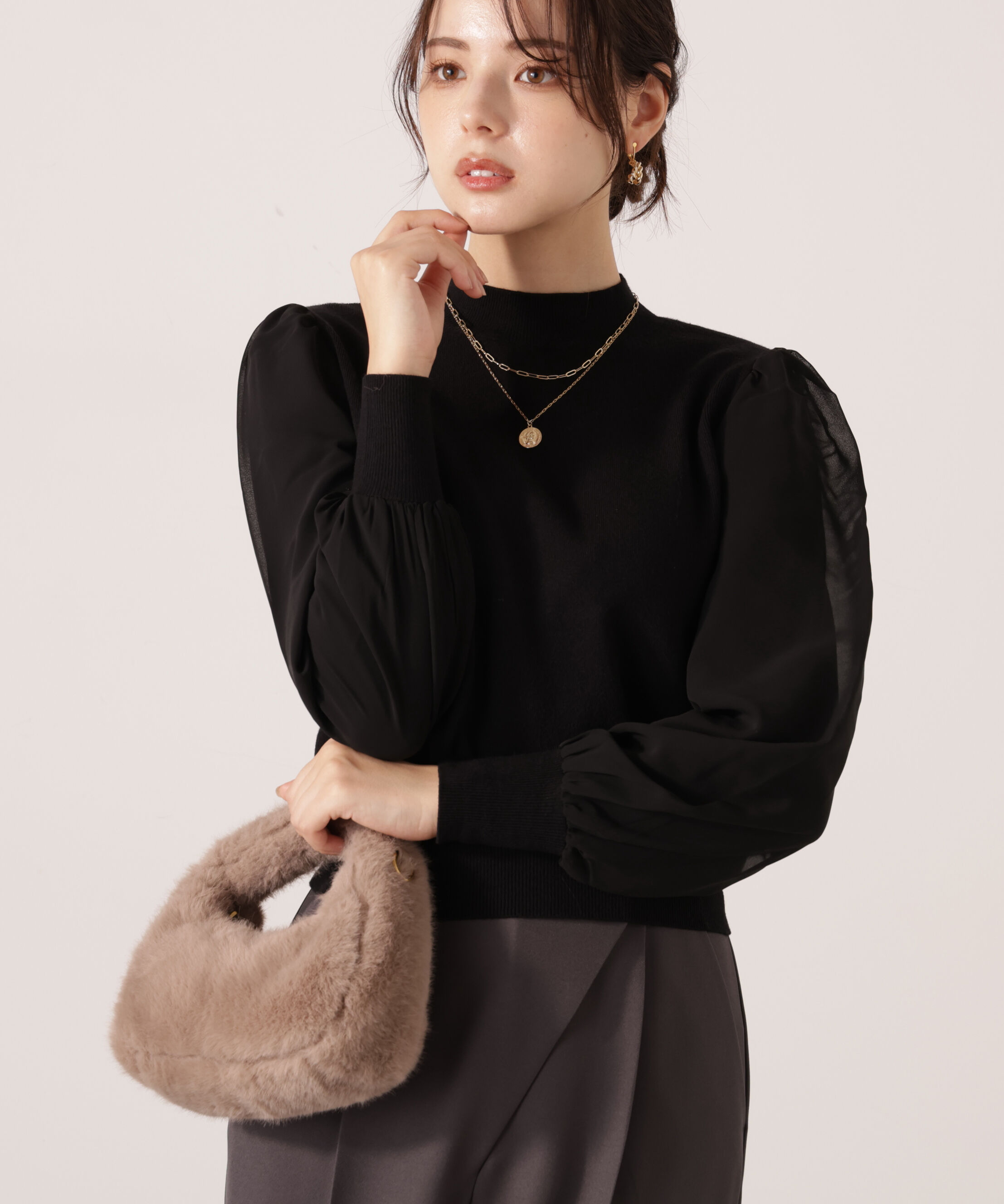 PROPORTION BODY DRESSING「シフォンスリーブニットトップス　25AW」|ニット・セーター|ブラック