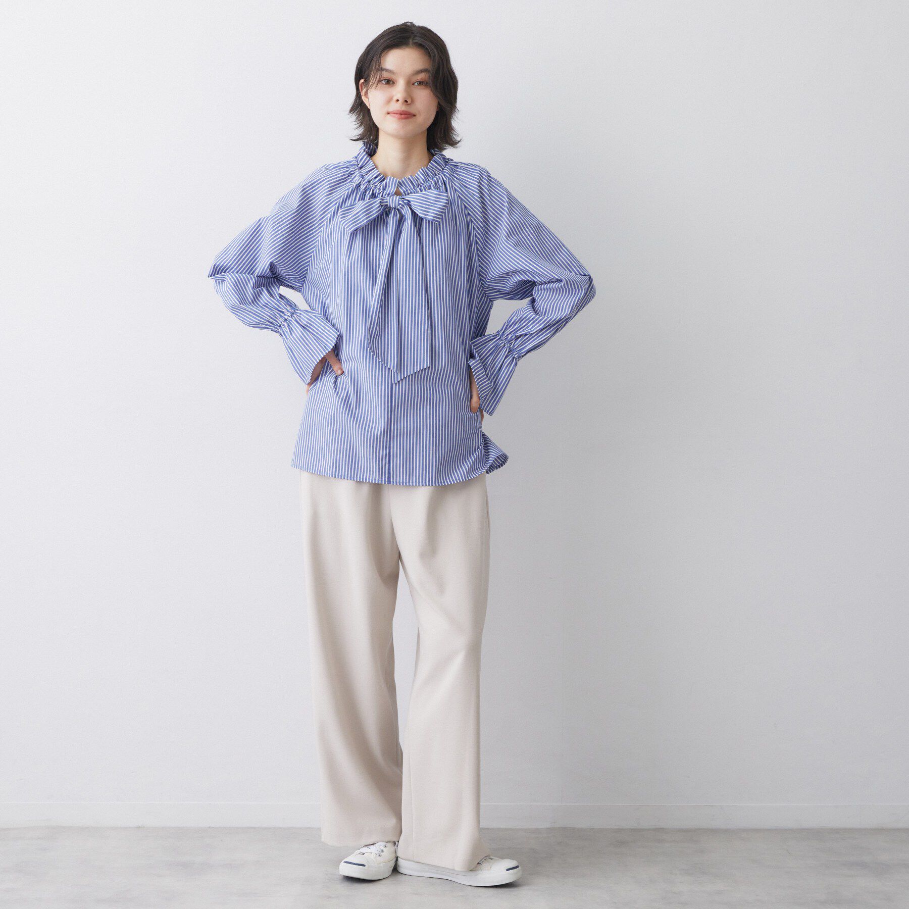 Dessin「【洗える】フリルボウタイストライプブラウス」|シャツ・ブラウス|