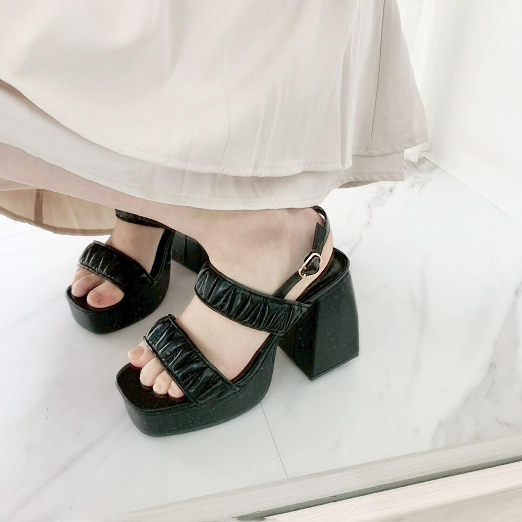 csT&P「ギャザーダブルベルト チャンキーヒールサンダル」|サンダル|